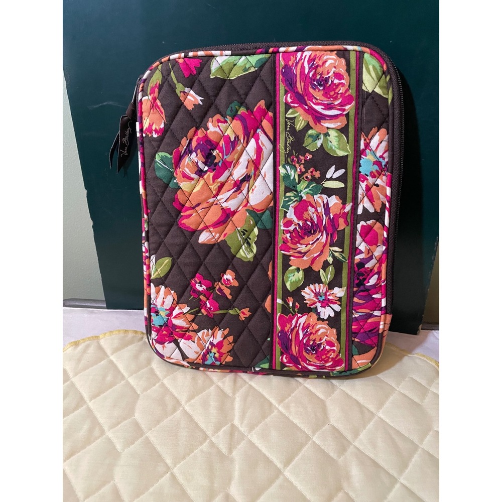 Vera Bradley English Rose Quilted Tablet Case Padded Tech Sleeve Brown